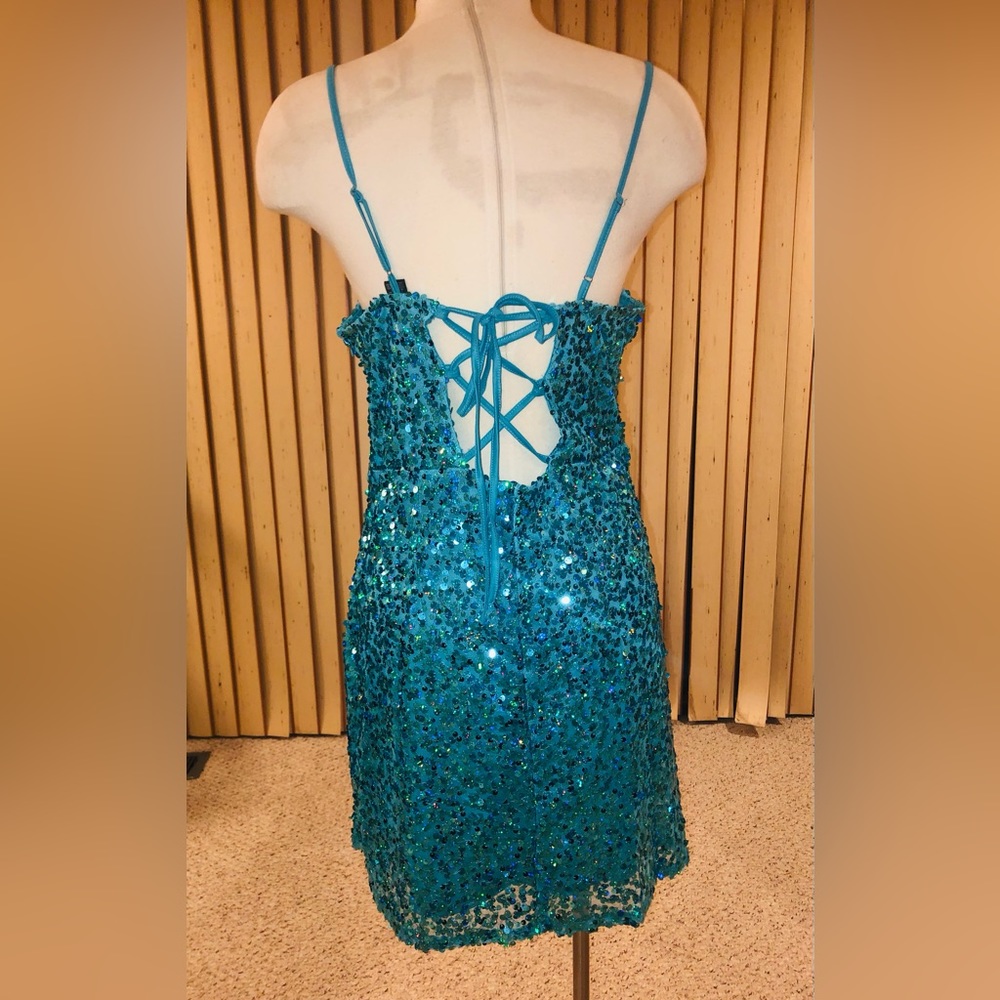 Turquoise, sequin, mini dress. - Picture 2 of 3